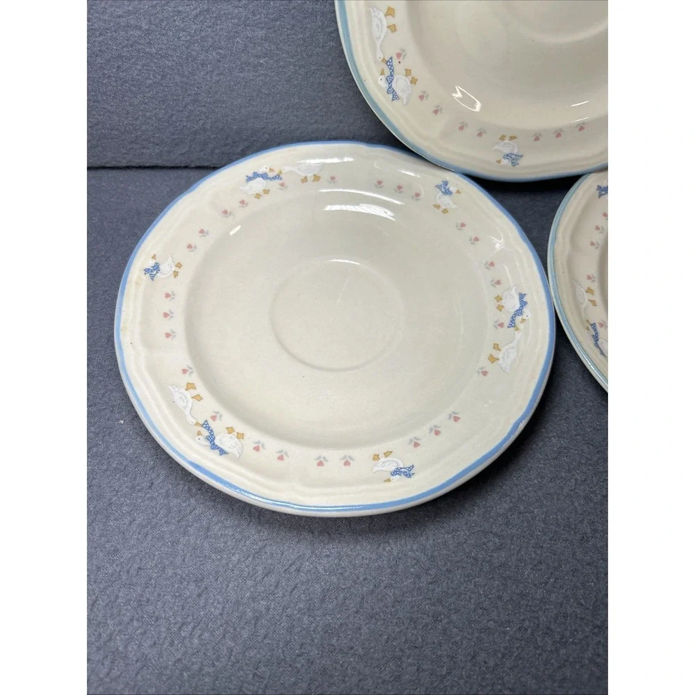 Aunt Rhody Goose Saucers Set of 3 Blue Bow Farmhouse Stoneware‎